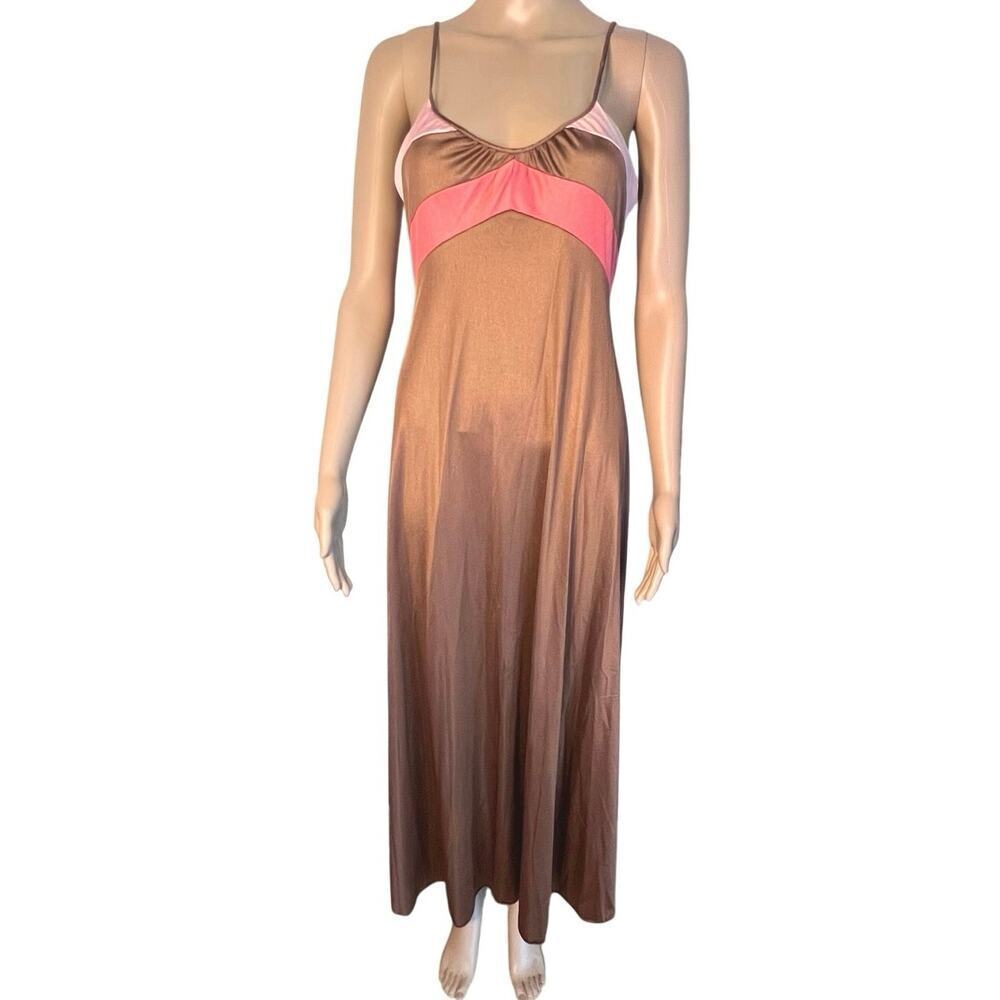 Artemis Gossard women’s XS Vintage Chocolate satin spaghetti long nightgown FLAW